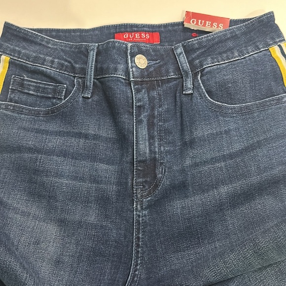Guess skinny highwaisted stretch blue jeans w/ yellow & white stripes - Picture 2 of 5